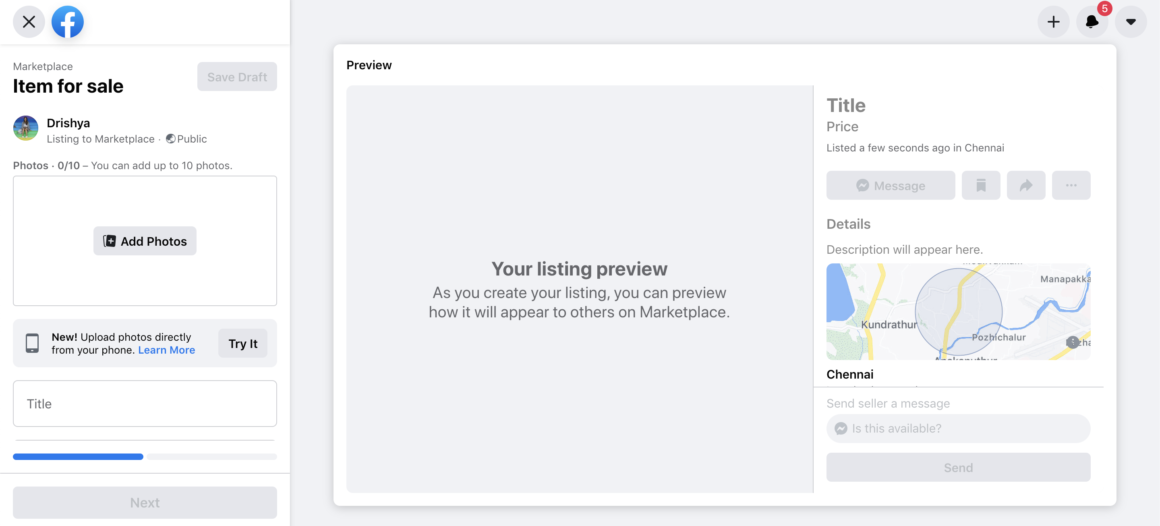 Facebook Marketplace create-listing form.